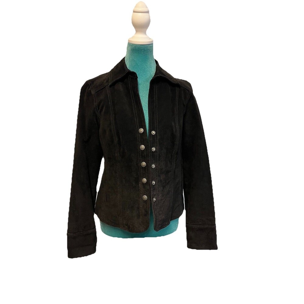 Y2K Dress Barn Black Suede‎ Leather Jacket Women’s Small Snap Front Boho Western